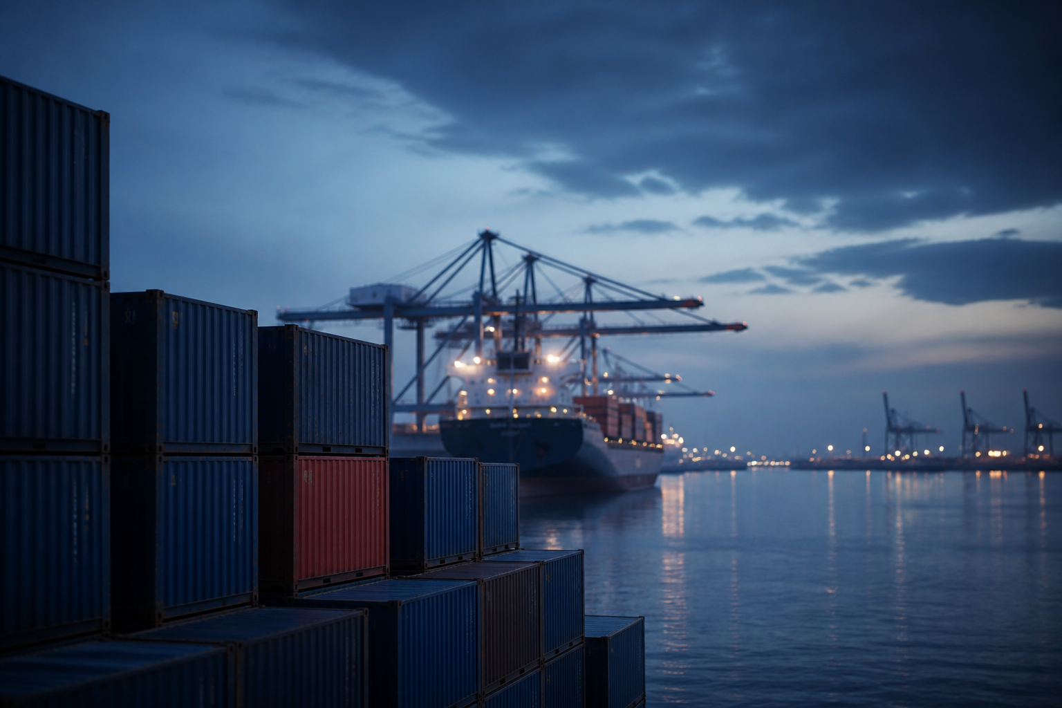 Cargo ship and containers at a port at dusk